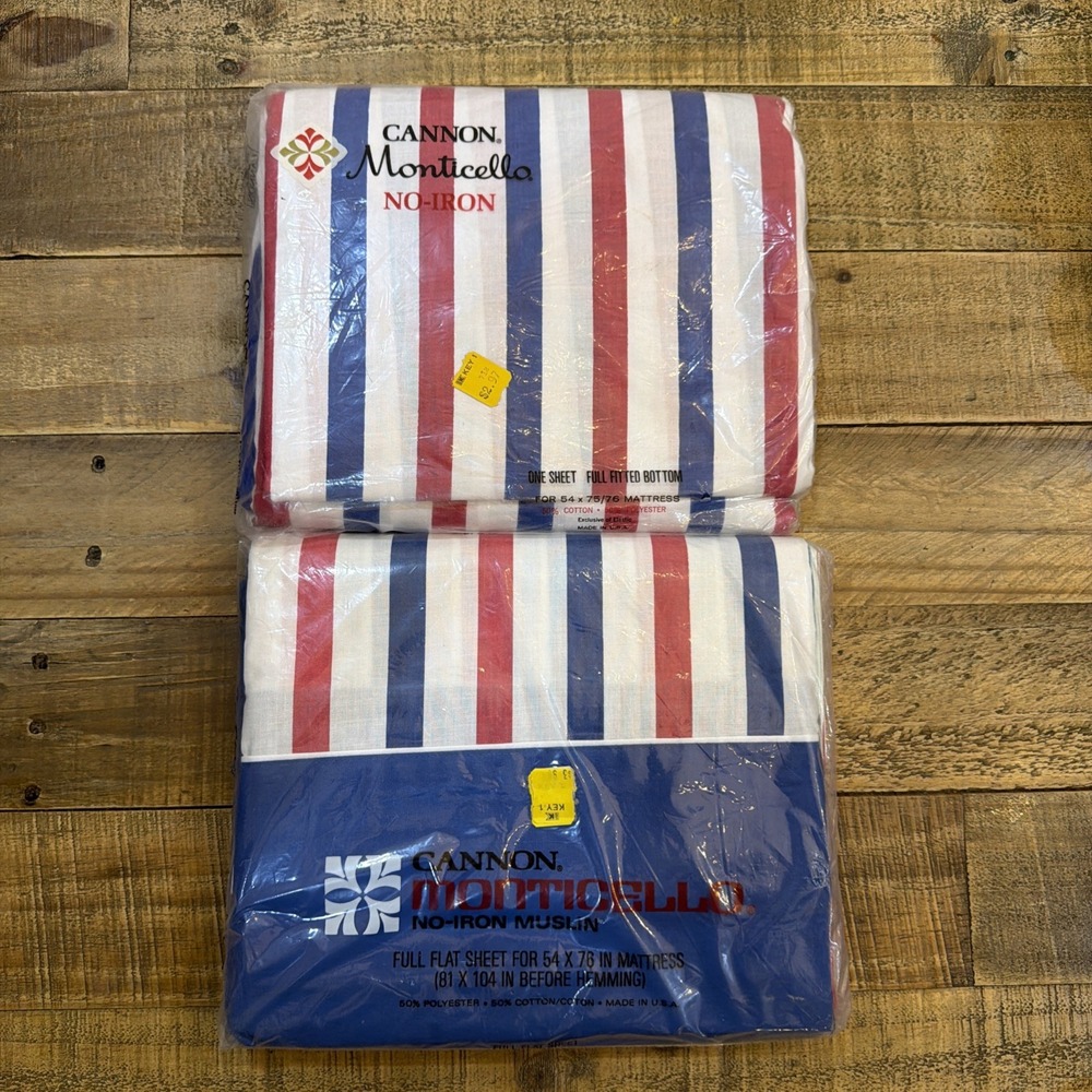 VTG USA 70/80s CANNON MONTICELLO RED WHITE BLUE FULL SZ FITTED & FLAT SHEET SET